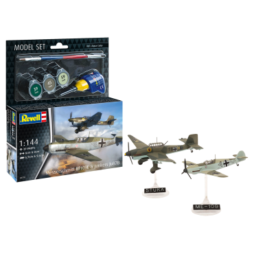 KIT PARA MONTAR REVELL MODEL SET 2 AVIÕES MESSERSCHMITT BF109E & JUNKERS JU87B 1/144 39 PEÇAS COMPLETO COM TINTAS COLA E PINCEL REV 63770